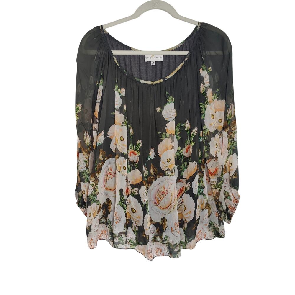 Belle France Women's Sz M Grey Pink Floral V Neck Silk Long Sleeve Top Sheer